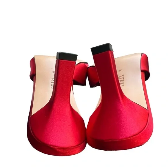 Zara - Red Satin Effect Toe Loop Square Heels Sandals Sz 38 - Picture 8 of 11